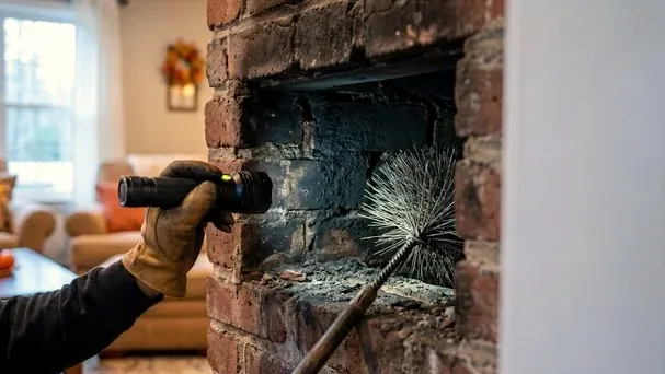 Technician inspecting a fireplace with a flashlight in an Anthem home
